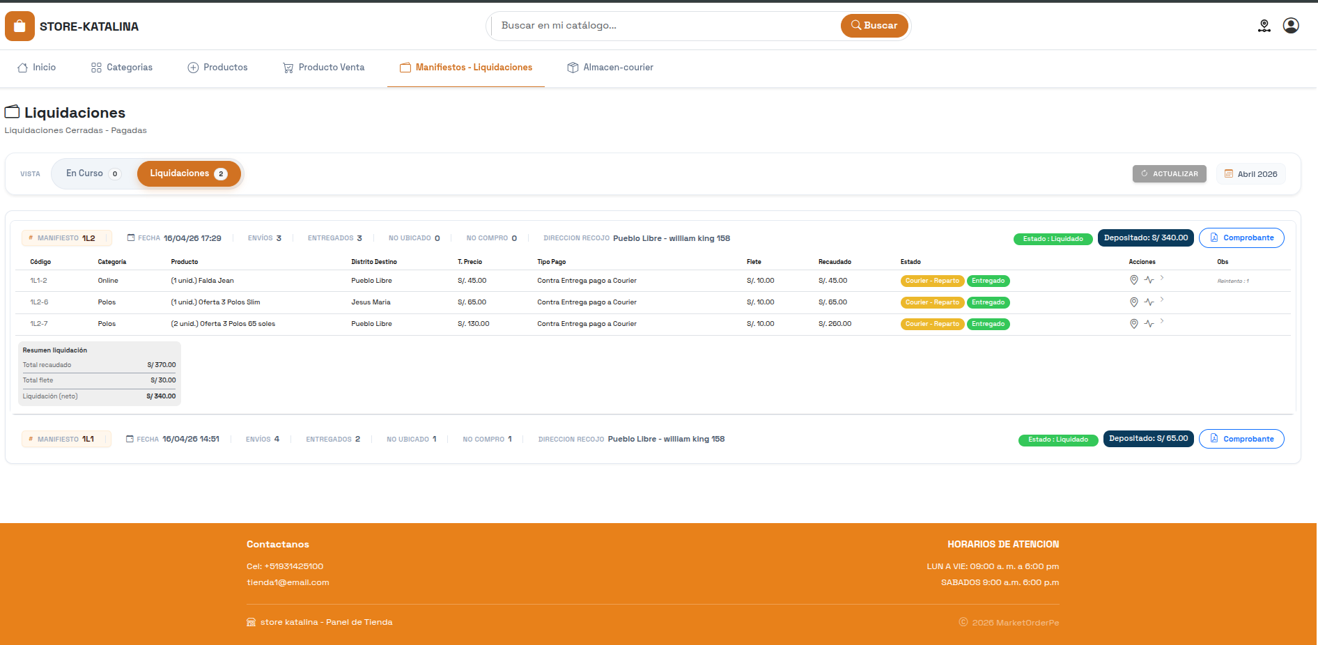 Panel de liquidaciones para tienda virtual y courier